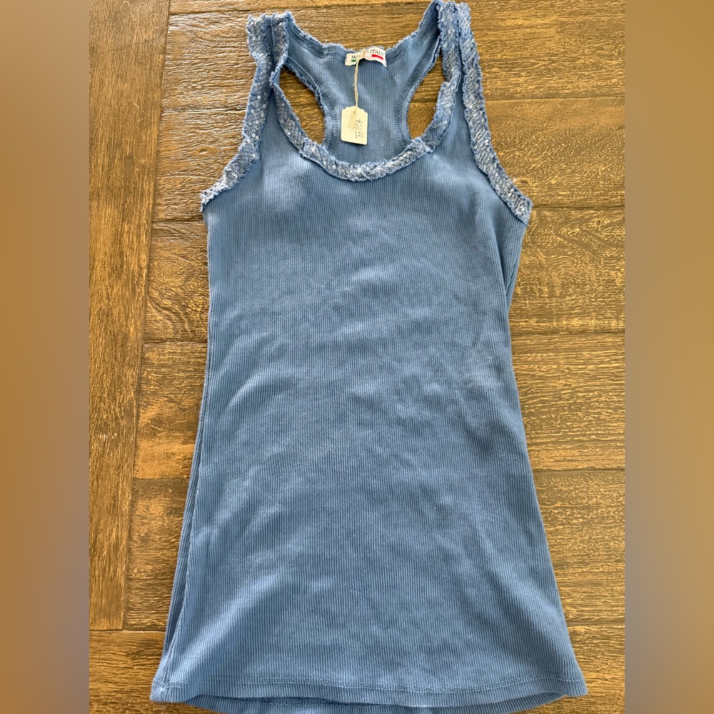 Chic Blue Lace-Trimmed Tank Top